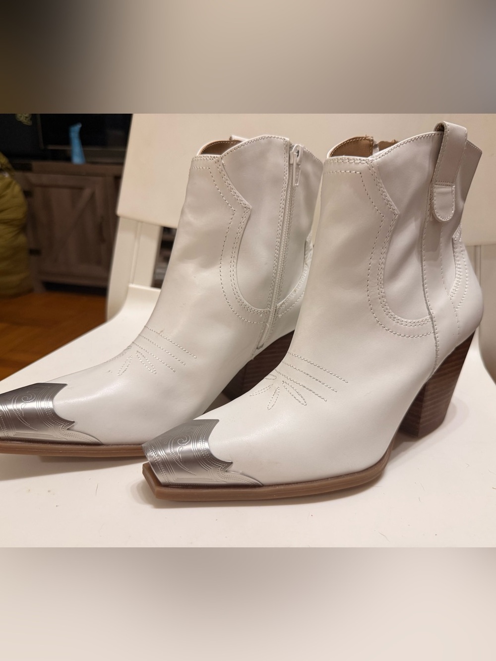 GB White Western-Inspired Women's Ankle Boots with Silver Toe